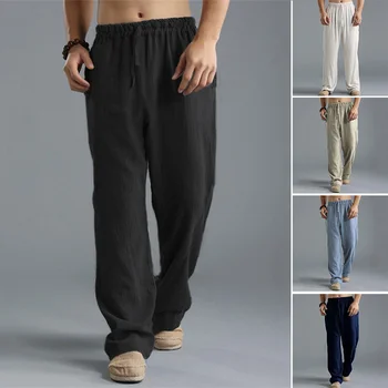 Однотонные хлопчатобумажные льняные мужские брюки Минималистичные Базовые Повседневные брюки на завязках Тонкие Плюс Размер Свободные брюки с прямыми штанинами