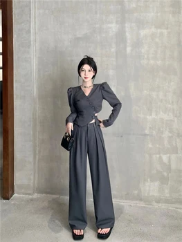 Осень 2023, новый Простой корейский стиль, чувство дизайна, Короткий костюм для отдыха в западном стиле, костюм с высокой талией, облегающий Широкие брюки, костюм