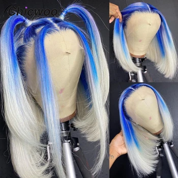 Парики Боб из бразильских натуральных волос цвета омбре, предварительно выщипанные, сине-белые, 13x4, 13x6, прозрачные, прямые парики на кружеве спереди для женщин