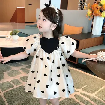 Платье для девочек, персонализированное платье с рукавами-пузырями, платье для влюбленных, милое праздничное платье принцессы, 2023, летняя новая модная детская одежда