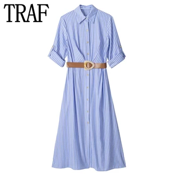 Платье-рубашка в полоску TRAF, женский пояс, синее женское летнее длинное платье 2023, платья Миди с длинным рукавом, элегантные повседневные платья на пуговицах