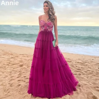 Платья для выпускного вечера с кружевной вышивкой Annie, Тюлевое вечернее платье на бретельках, Элегантный Фиолетовый 2023, Для официальных мероприятий, Vestidos De Noche