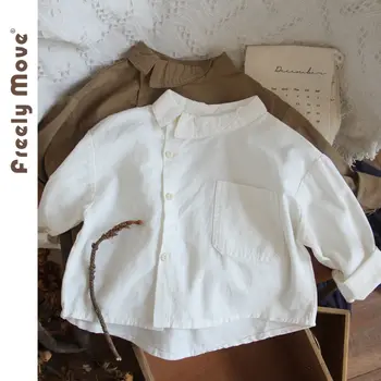 Свободно перемещающиеся блузки для маленьких девочек, детская одежда унисекс, 2023 Новые детские рубашки с однотонными карманами и длинным рукавом, свободные повседневные топы для мальчиков