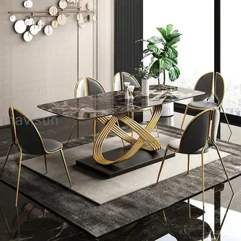 Современный обеденный стол с отделкой из нержавеющей стали в скандинавском стиле, Черно-белая столешница, Прямоугольник для дома на шесть человек, Роскошный Мраморный кухонный стол