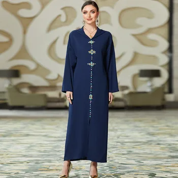 Темно-синее мусульманское платье с бриллиантами ручной работы Женское Элегантное Абайя Дубай Турция Арабская Исламская одежда с капюшоном Саудовский мусульманский халат