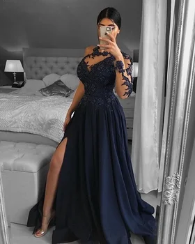 Темно-синие женские вечерние платья с аппликацией на одно плечо, атласные платья для выпускного вечера, вечерние платья для вечеринок