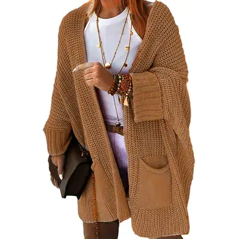 Толстый вязаный Зимний женский свитер, пальто, кардиган, Эластичный жакет с длинным рукавом и открытой строчкой, карманы, свитер средней длины, кардиган, Свободные