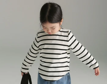 Футболка Осенняя детская одежда в полоску для японских девочек, хлопковая детская одежда с длинными рукавами и круглым воротником неправильной формы