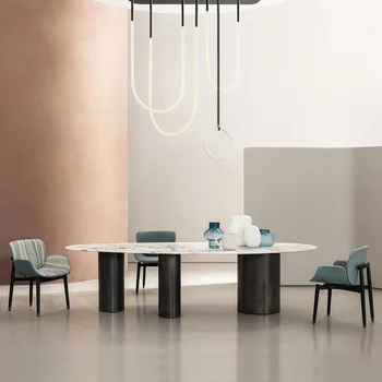 Яркий минималистичный обеденный стол из шифера, простой современный светлый роскошный овальный обеденный стол высокого класса